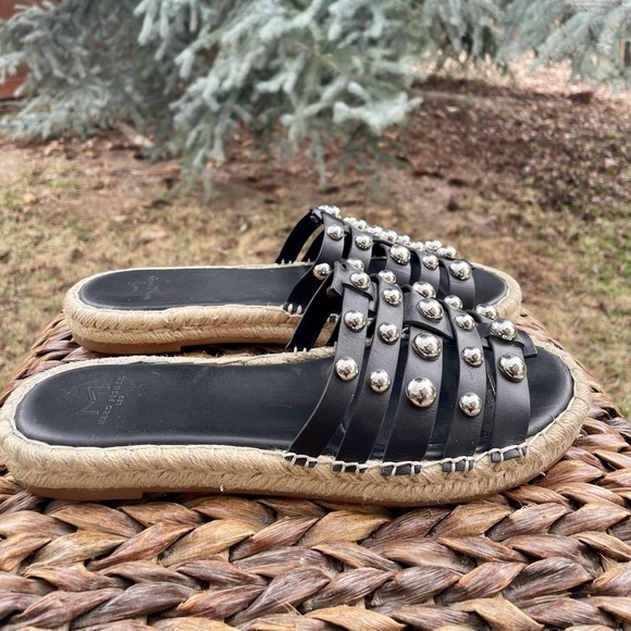 Marc Fisher Black Studded Strappy Tamie Platform Slip On Leather Espadrille Sz 8 - Picture 3 of 11